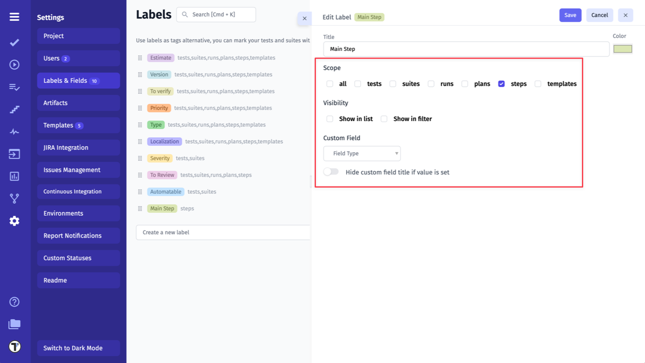 Testomatio - Quick Create Label